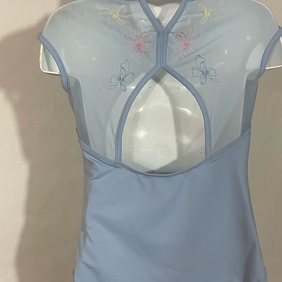 Bloch girls' leotard pastel blue 8-10 zip front cap sleeve sheer embroidery back - Picture 5 of 7
